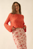 Solid Crochet-Knit Bell-Sleeve Cropped Sweater