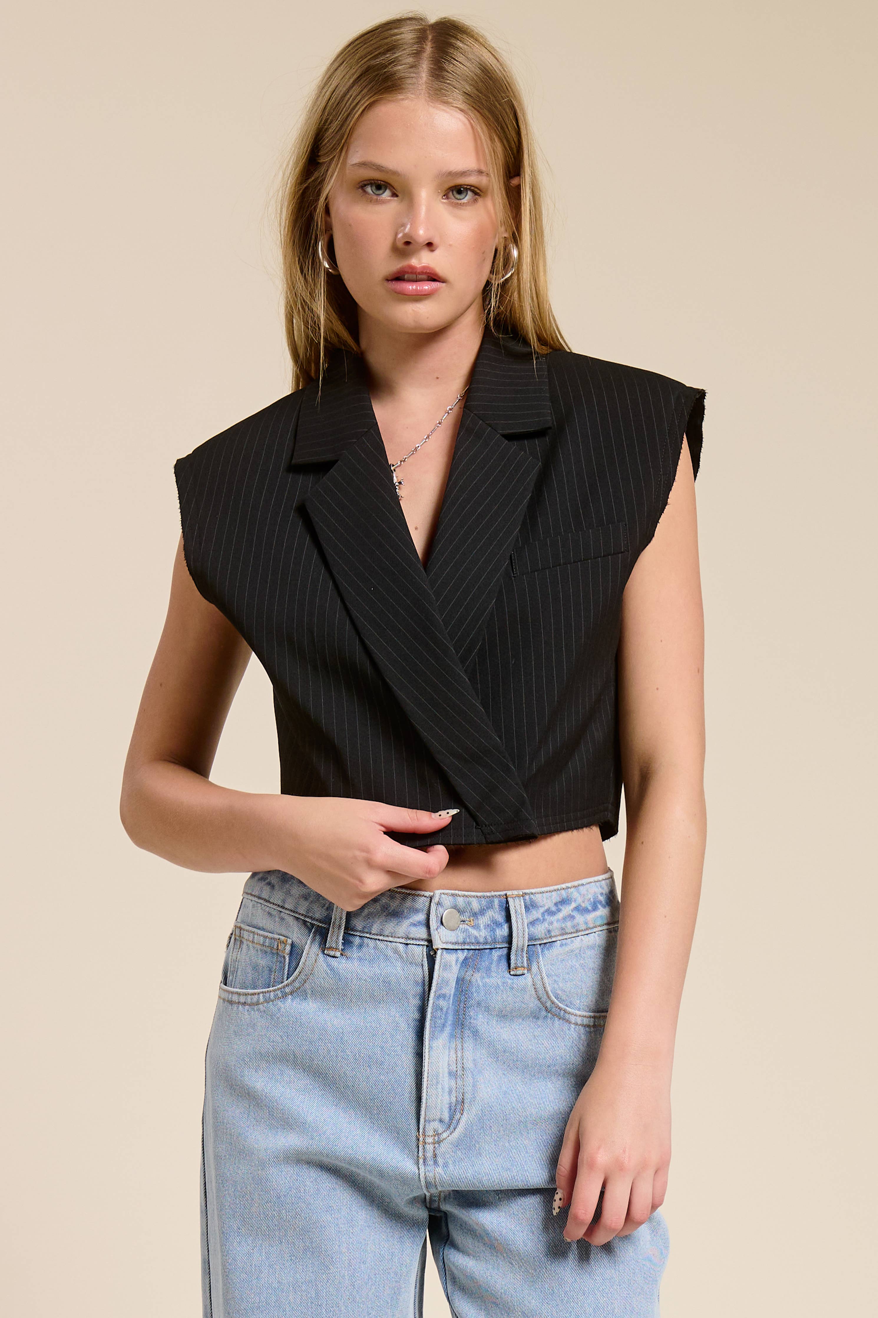Pinstripe Collared Cropped Vest