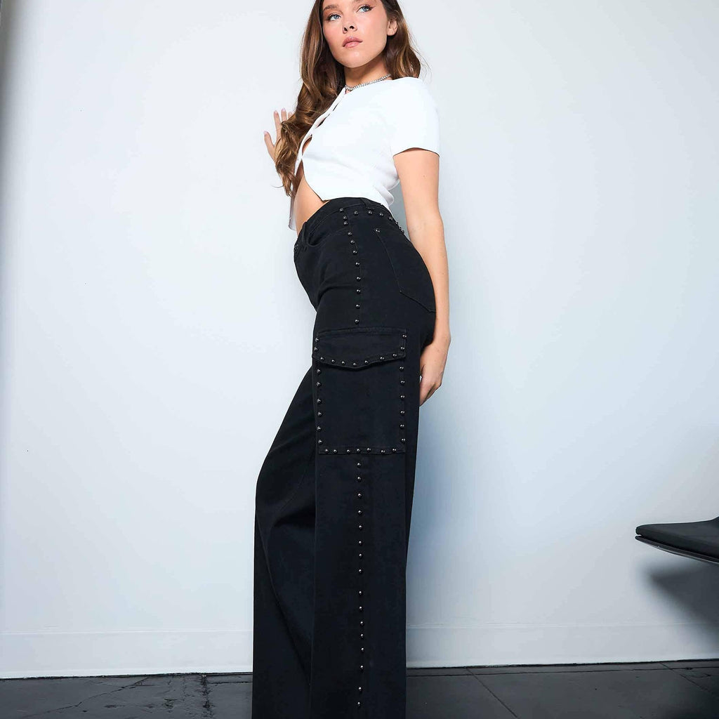 Silver Stud High-Rise Wide Leg Cargo Jeans