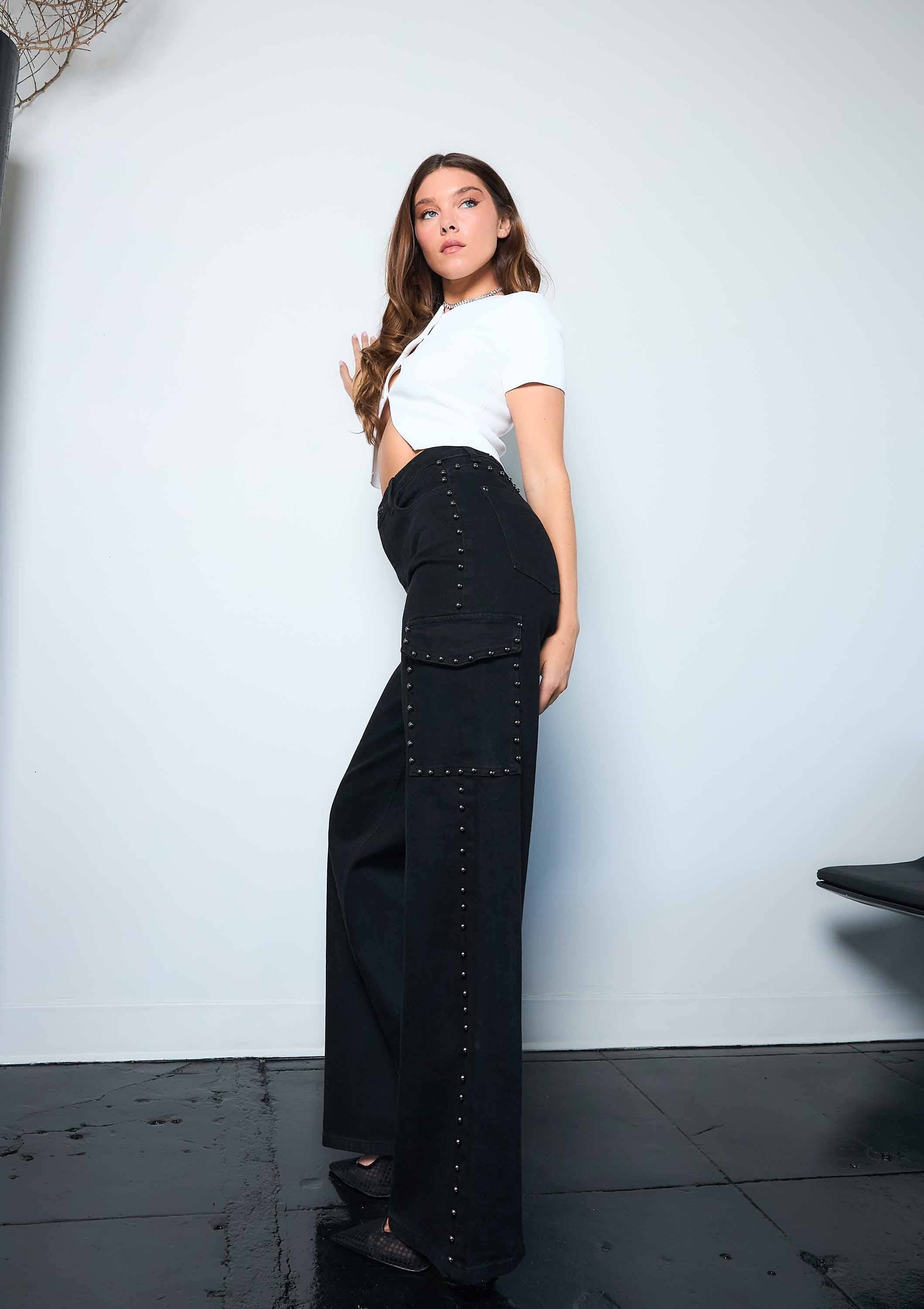 Silver Stud High-Rise Wide Leg Cargo Jeans