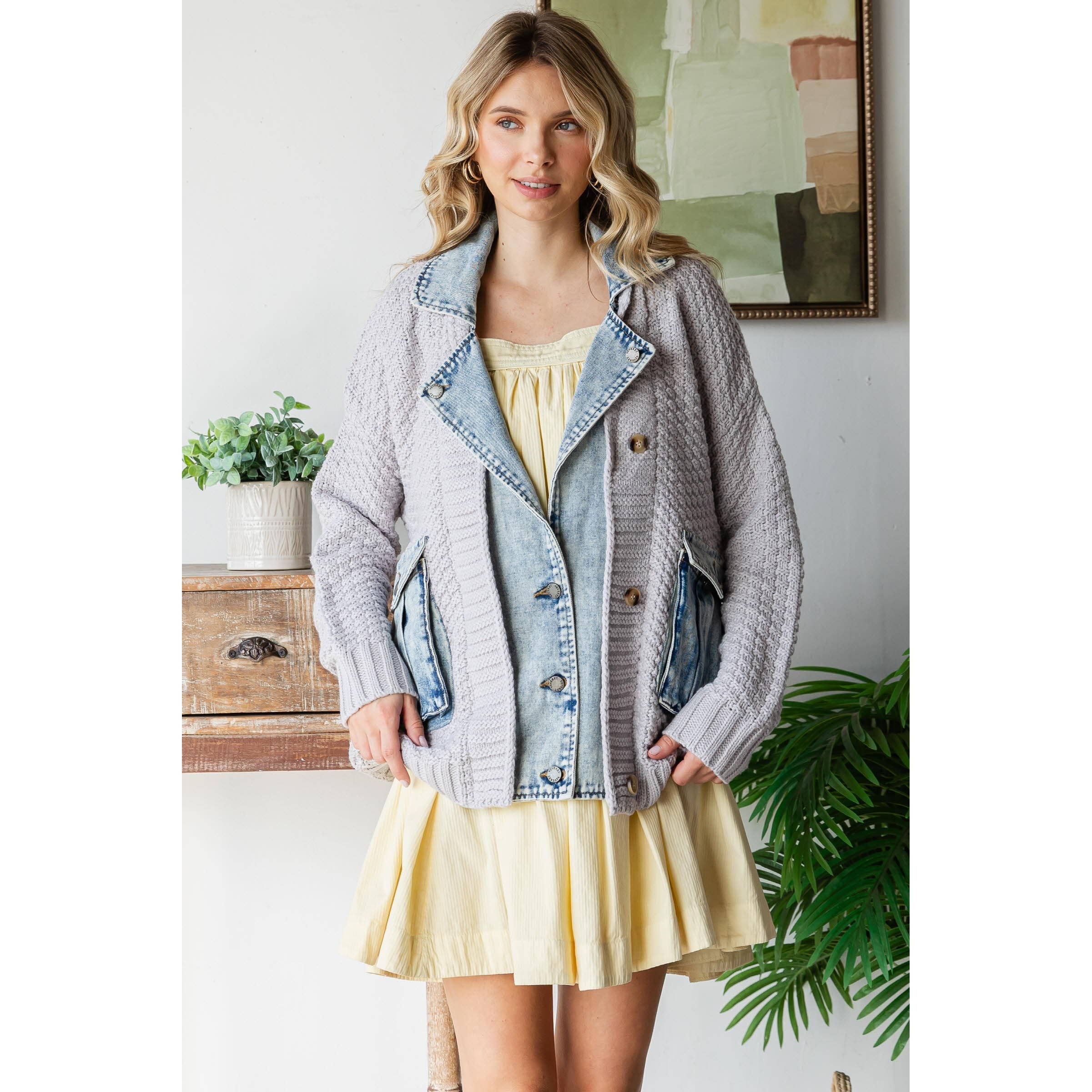 Knit Body Denim Layerd Jacket