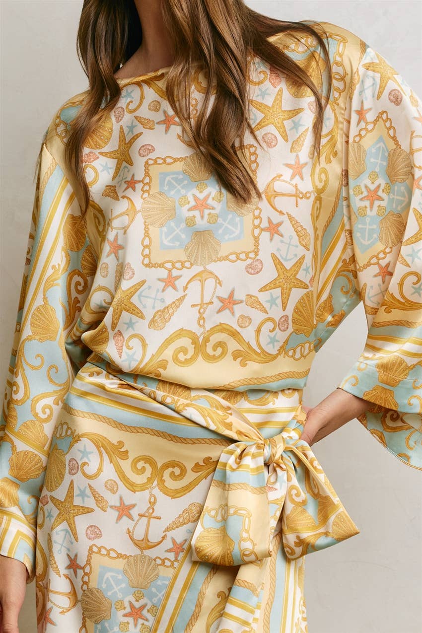 Conversational Scarf Satin Sash Kaftan Dress