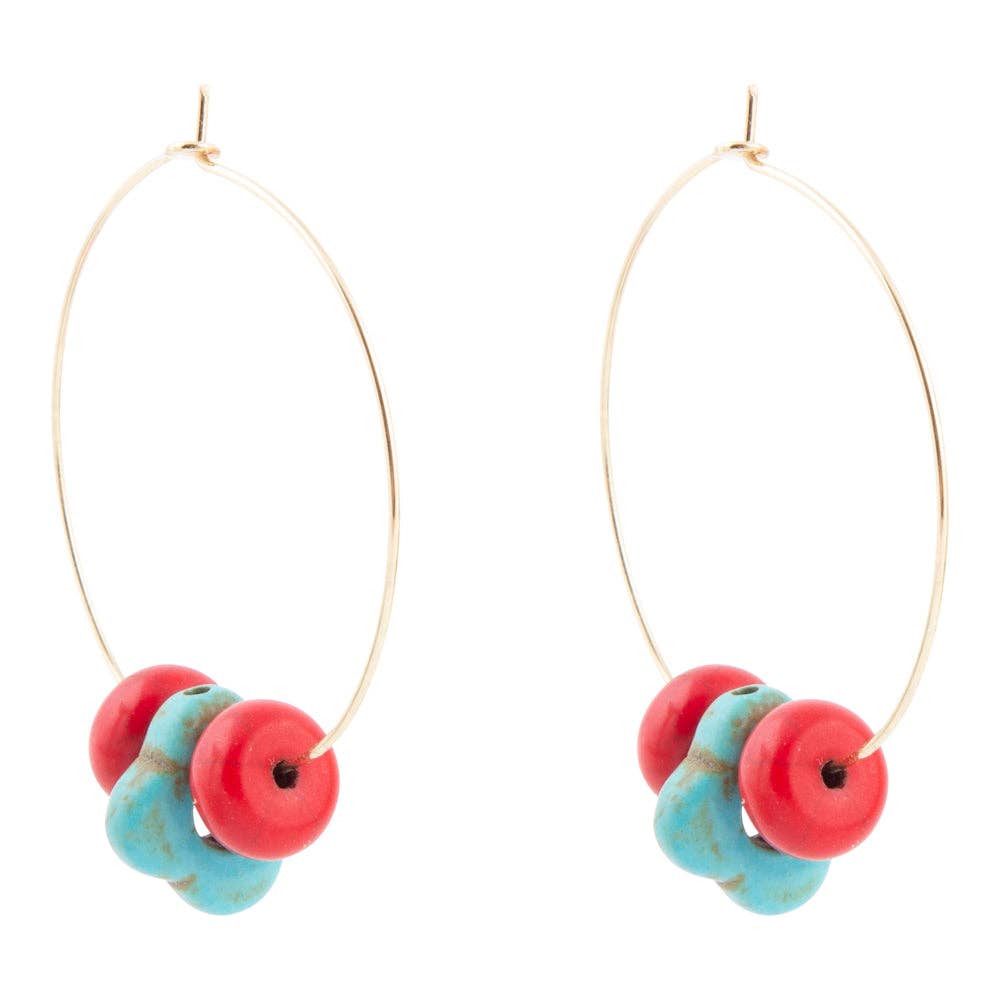 Guadalupe Blue Turquoise and Red Coral Golden Hoop Earrings