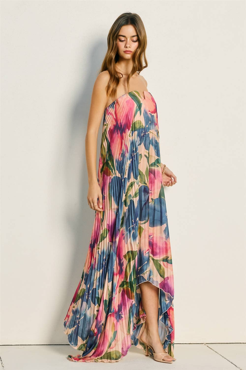 Floral Strapless Pleated Maxi Column Dress