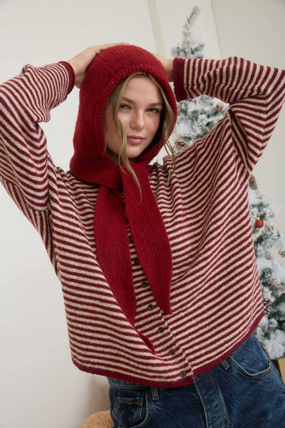 STRIPE RAW EDGE DROP SHOULDER KNIT CARDIGAN