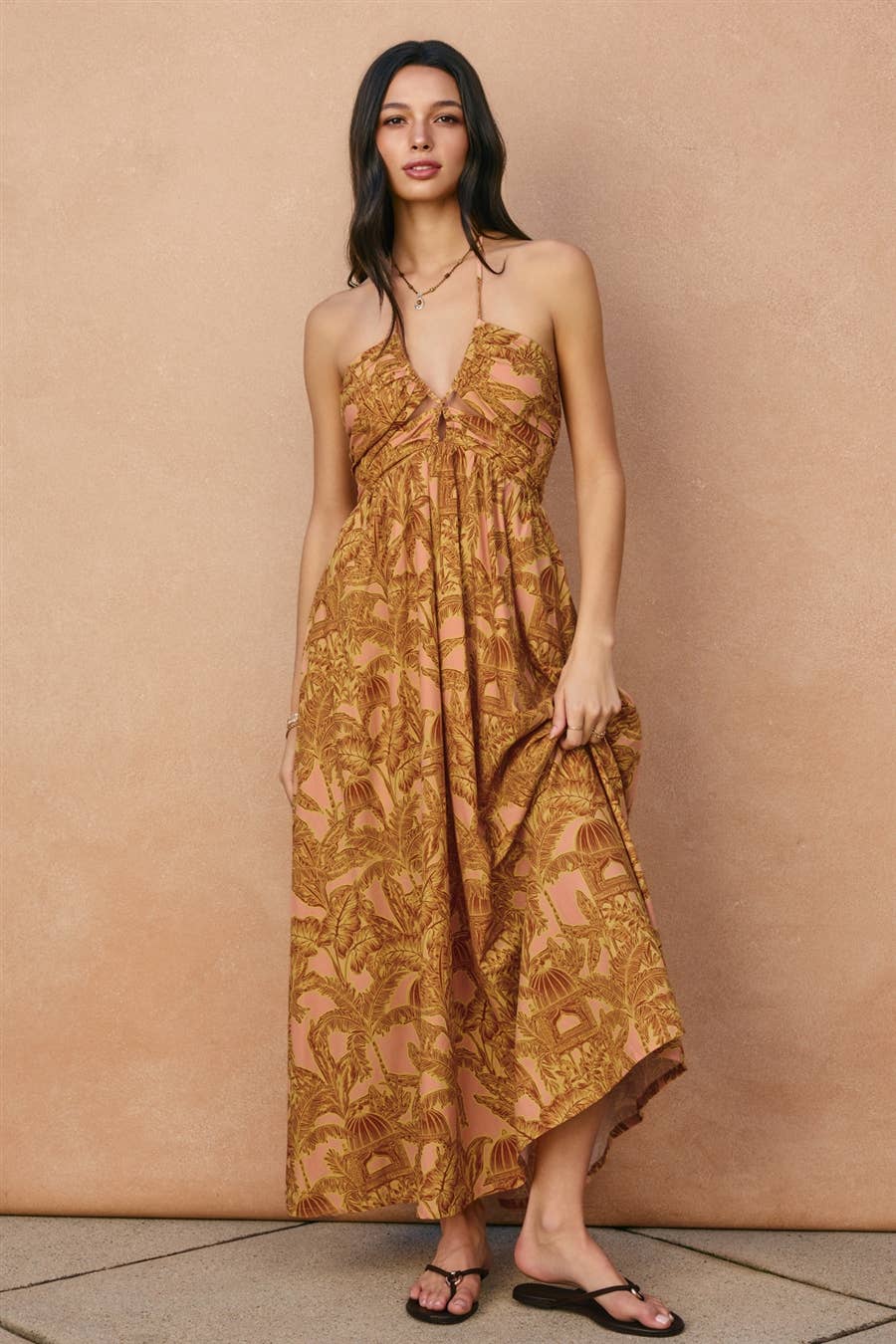 Sunwashed Palm Cut Out Halter Maxi Dress