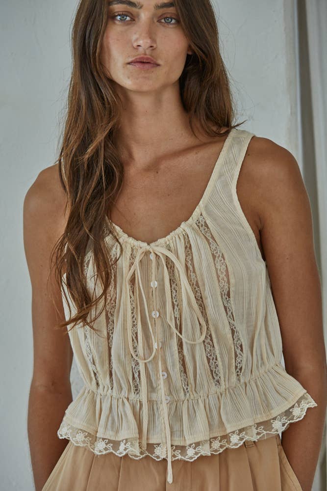 Woven Cotton Sleeveless Lace Trim Button Up Top