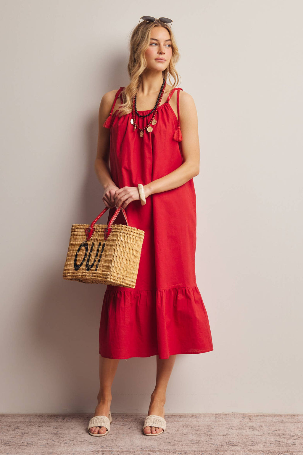 Red Tassel Strap Open-Back Midi Dress