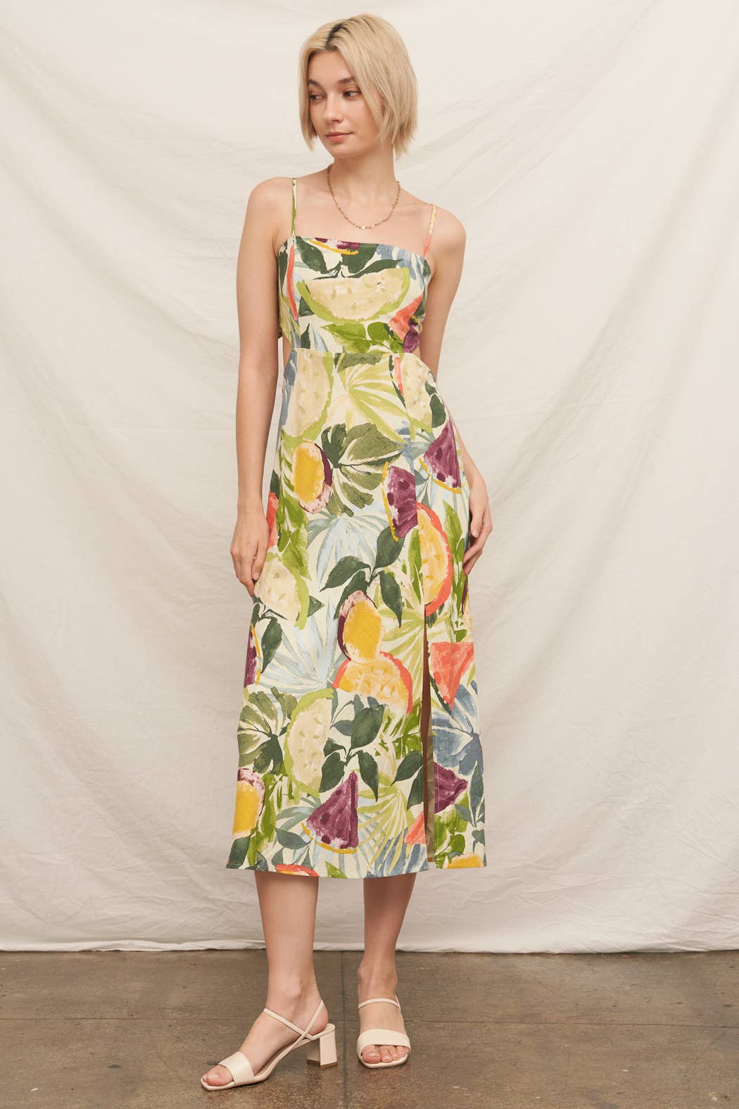 Tropical Fruit Print Sleeveless Midi Dress with Tie-Back