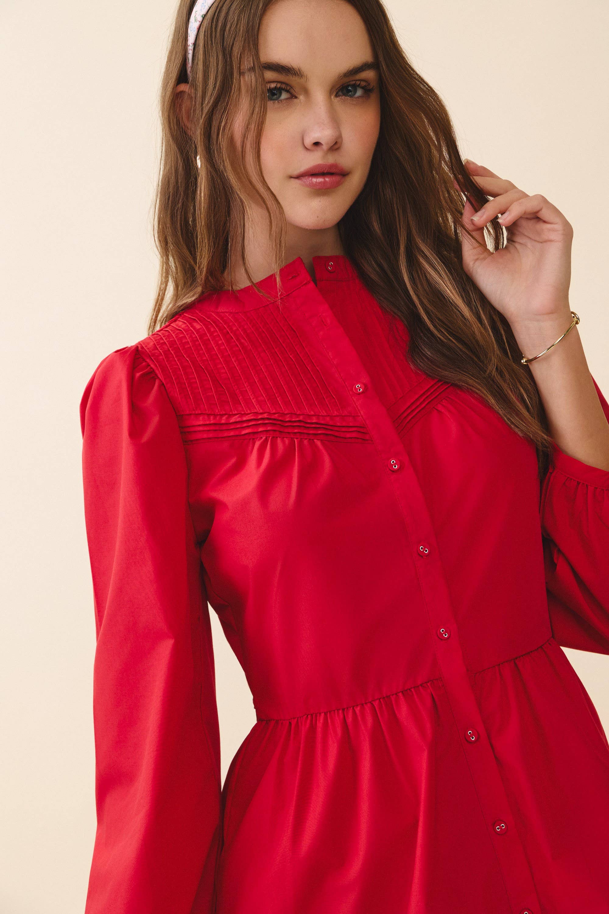 Pintuck Yoke Detail Button Mini Dress
