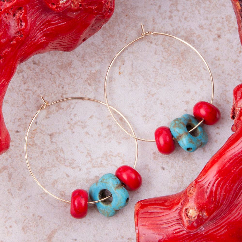 Guadalupe Blue Turquoise and Red Coral Golden Hoop Earrings
