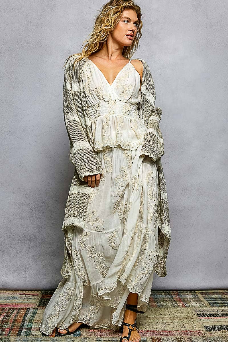 3/4 Sleeve Stripe Linen Open Cardigan