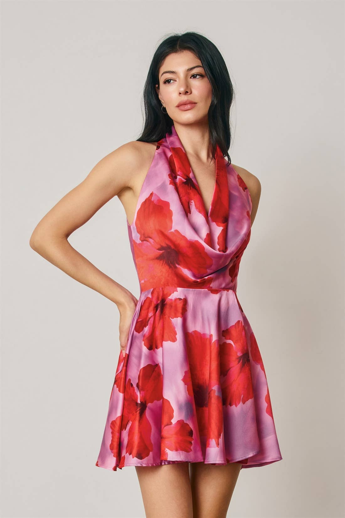 Tropical Floral Draped Halter Neck Mini Dress
