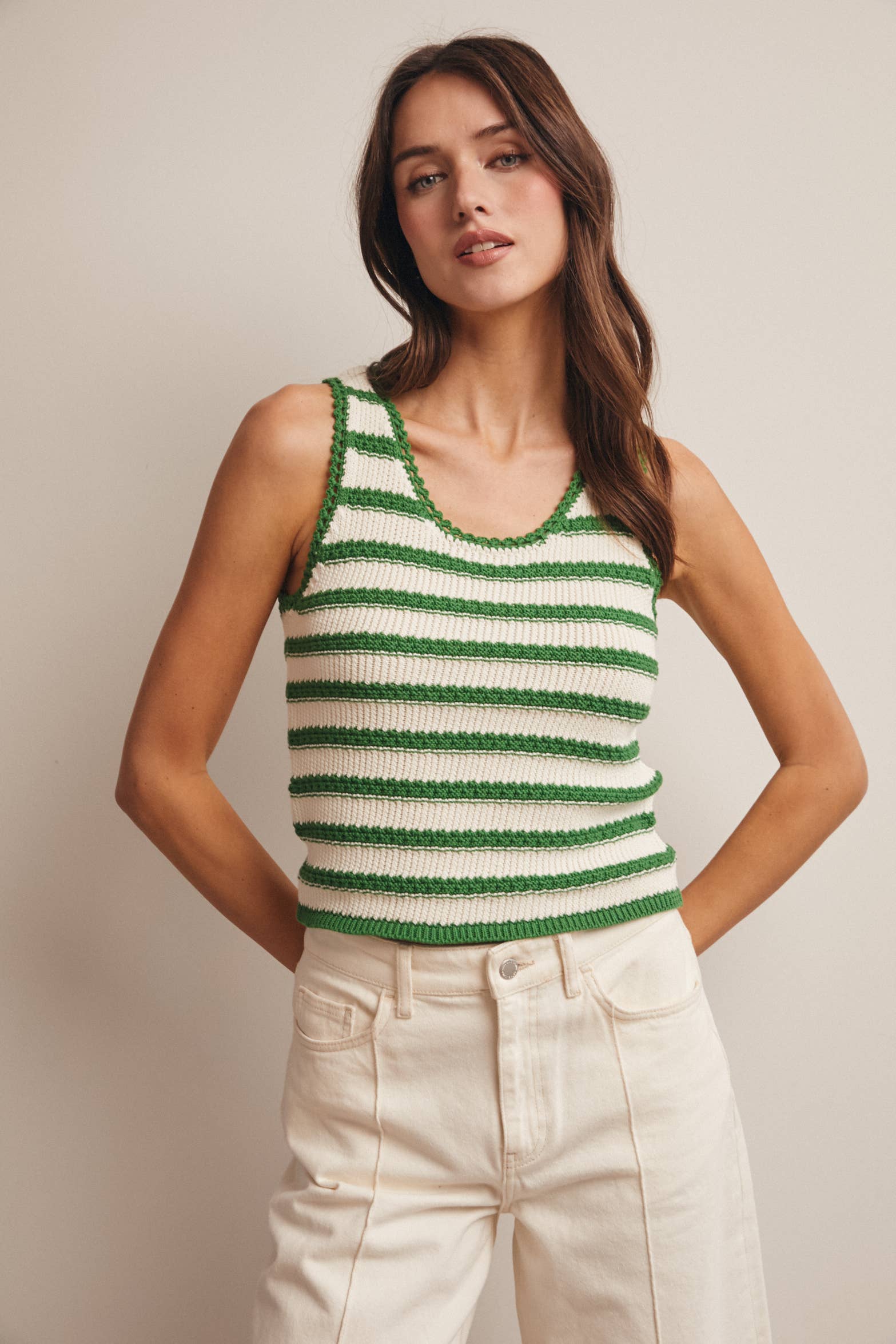 Green Striped Crochet Knit Tank