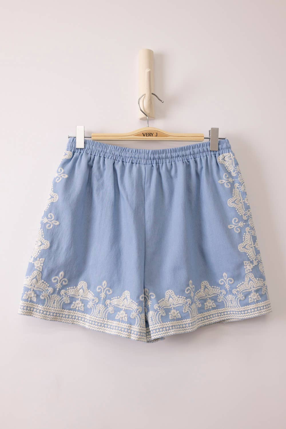 Washed Chambray Embroidered Shorts