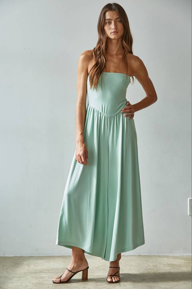 Knit Polyester Spandex Tube Strapless Flare Jumpsuit