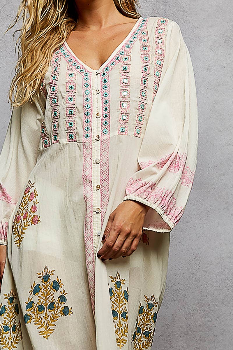Embroidered Floral Print V-Neck Balloon Sleeve Maxi Dress