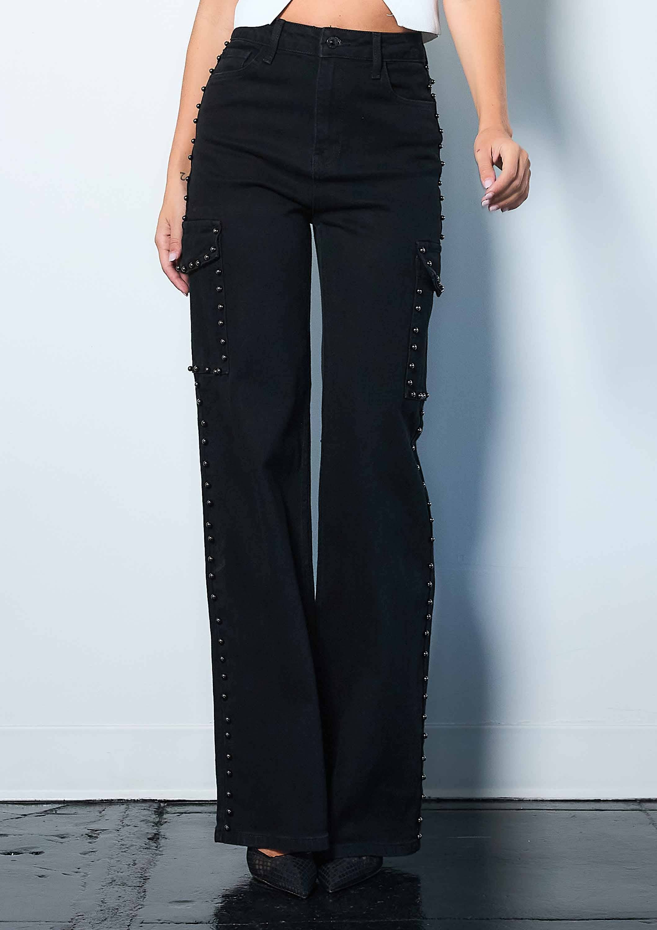 Silver Stud High-Rise Wide Leg Cargo Jeans
