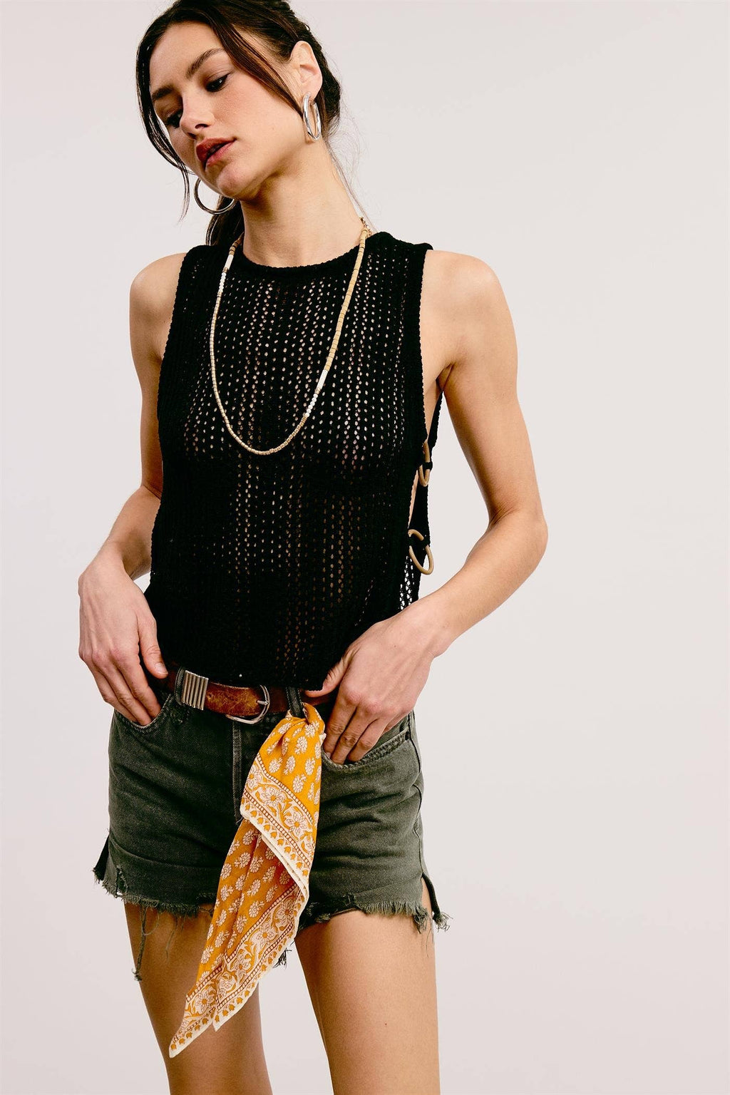 Crochet Knit Tank Top with Side O-Ring Detail