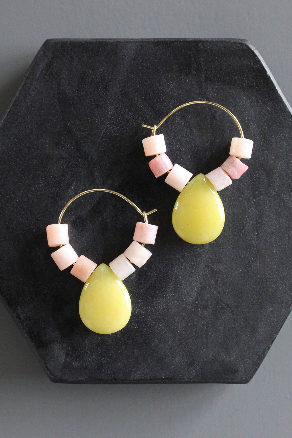 Rhodochrosite and jade hoop earrings