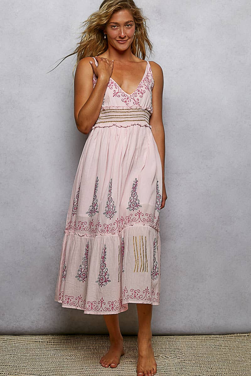 V-neck Sleeveless Smocked Band Ruffle Woven Dress