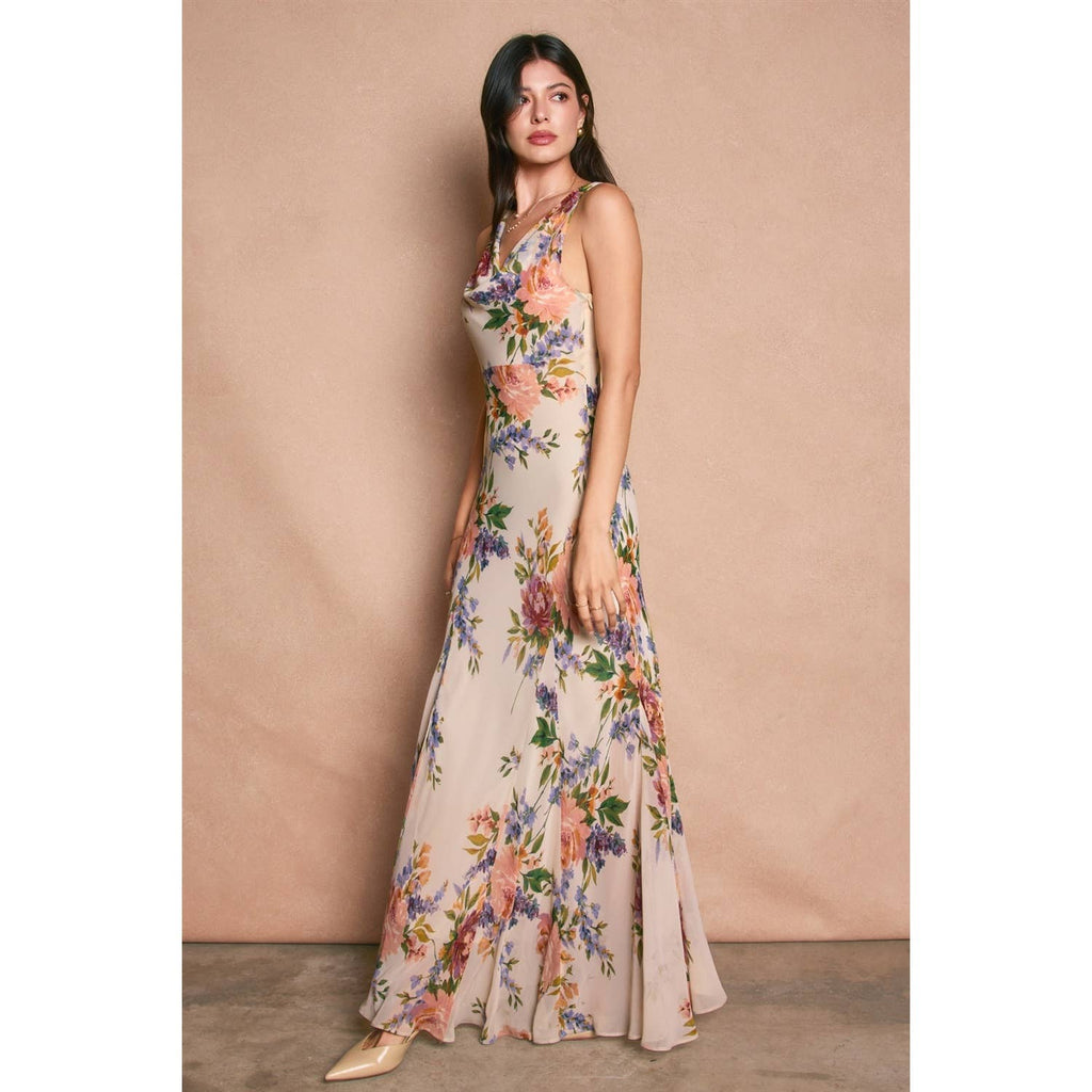 Delicate Affair Cowl Neck Godet Maxi Dress