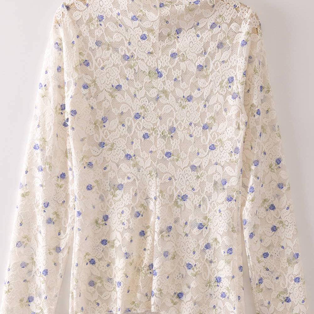 High Neck Fitted Sheer Mesh Lace Knit Top