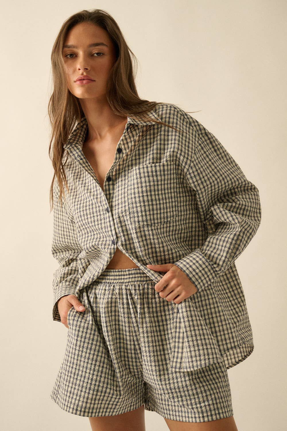 Plaid Textured Seersucker Wide-Leg Pocket Shorts