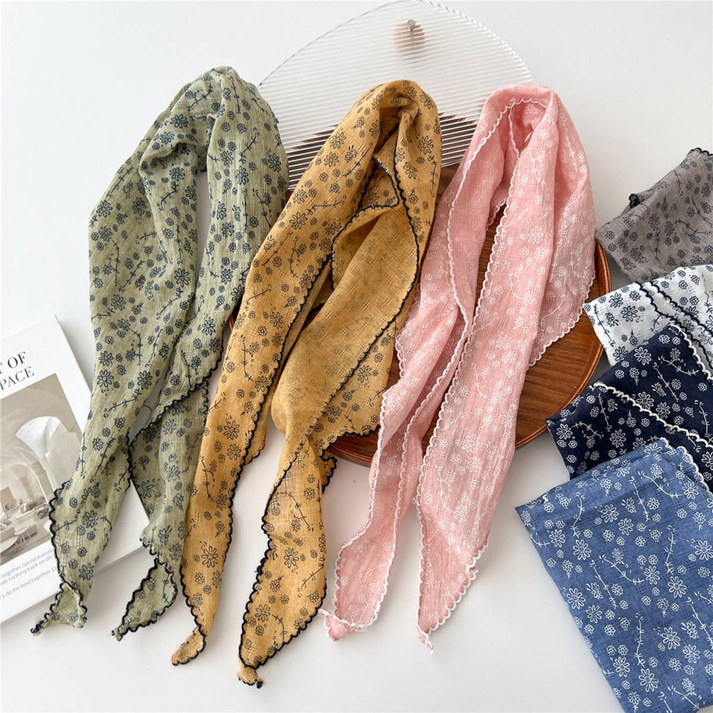 Lace Trim Cotton Linen Floral Triangle Scarf_CWASC0850