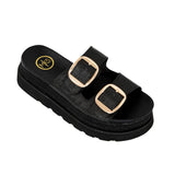 Monique Woven Platform Slide Sandal with Gold Buckle Detail