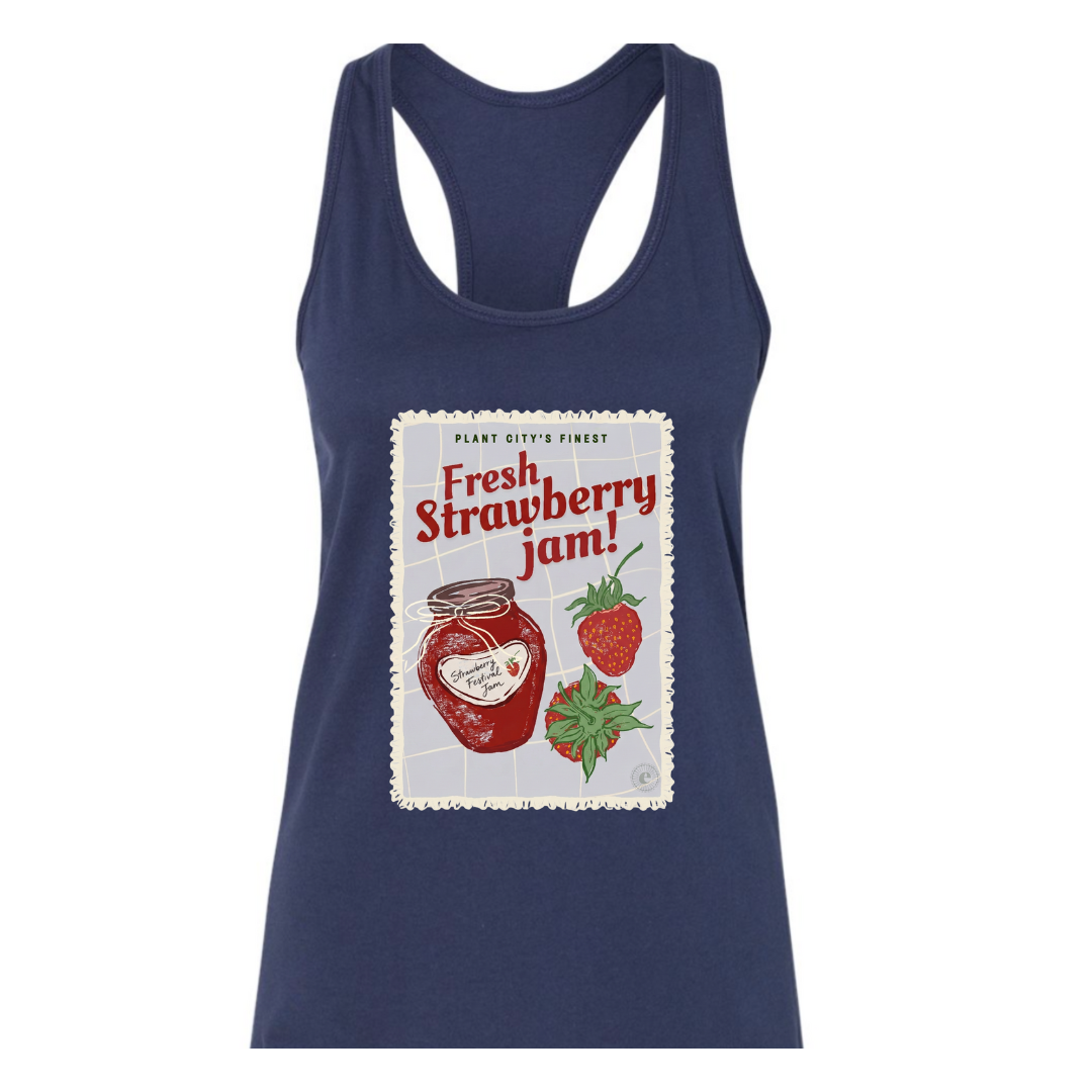 Navy tank top with strawberry jam graphic on a white background