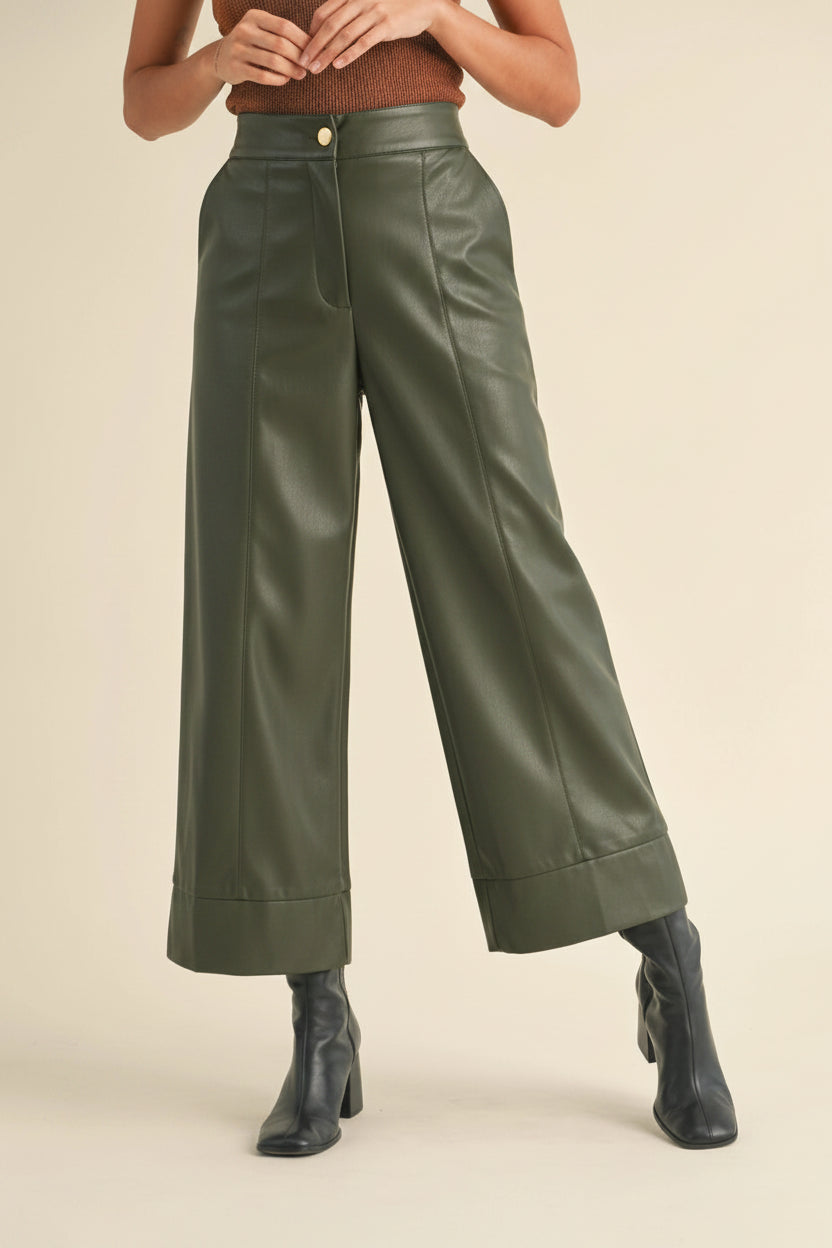 Olive Faux Leather Wide Leg Crop Pants