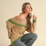 Green and Khaki Off Shoulder Sweater