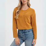 Cropped Crewneck Long Sleeve Ribbed Knit Top