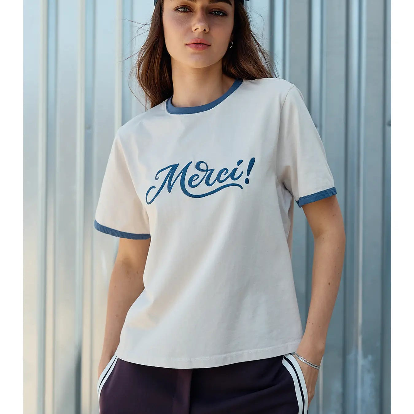 Merci Embroidered Contrast Trim Tee