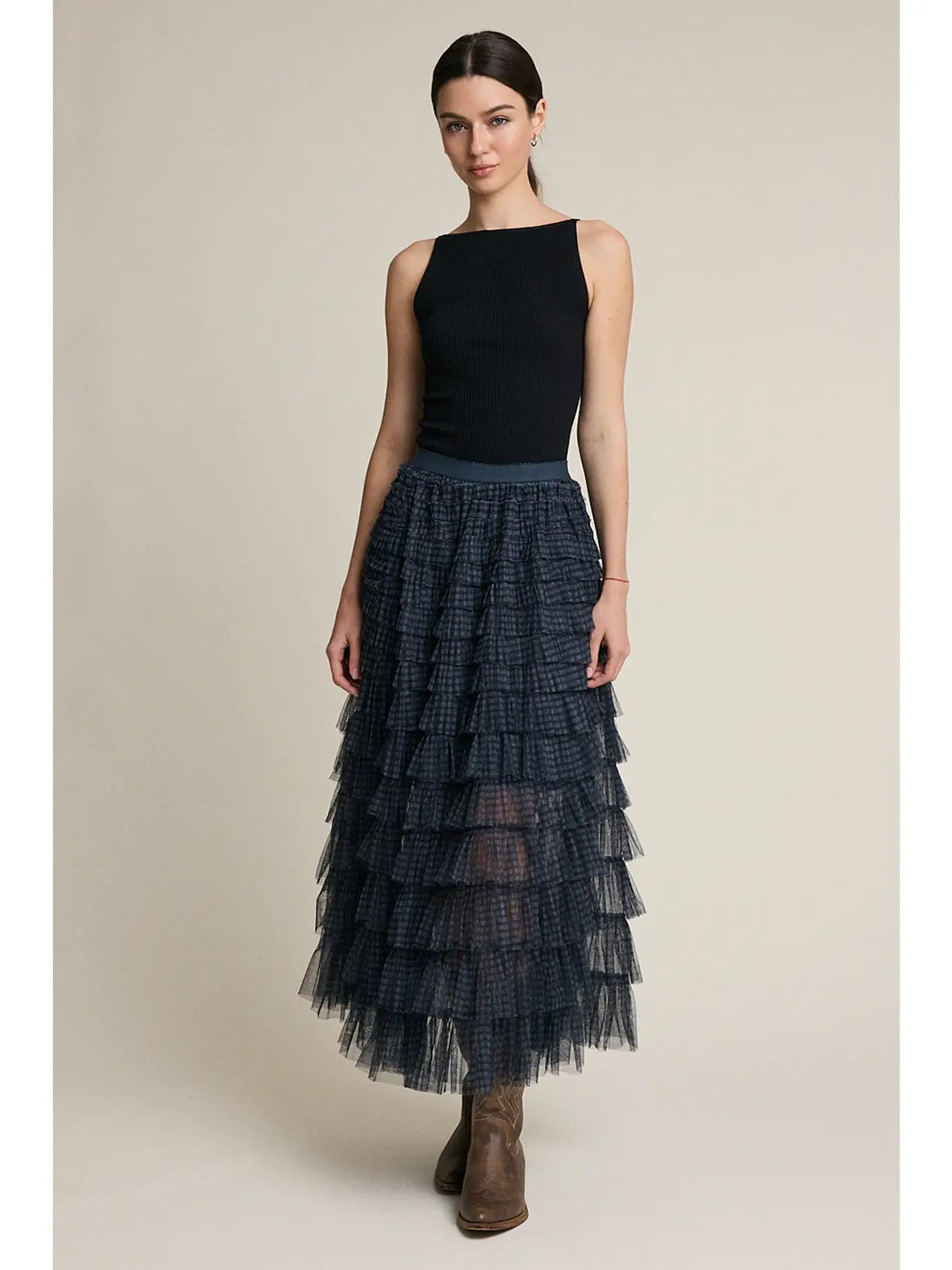 Shiloh Plaid Mesh Ruffle Maxi Skirt