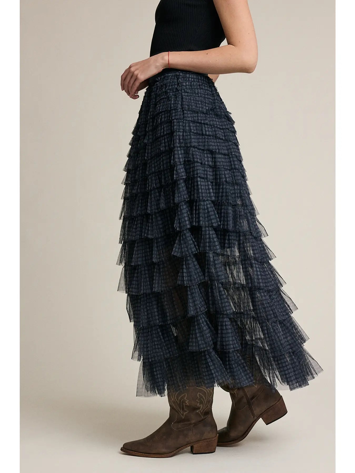 Shiloh Plaid Mesh Ruffle Maxi Skirt