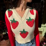 V-Neck Strawberry Pattern Crop Sweater Vest