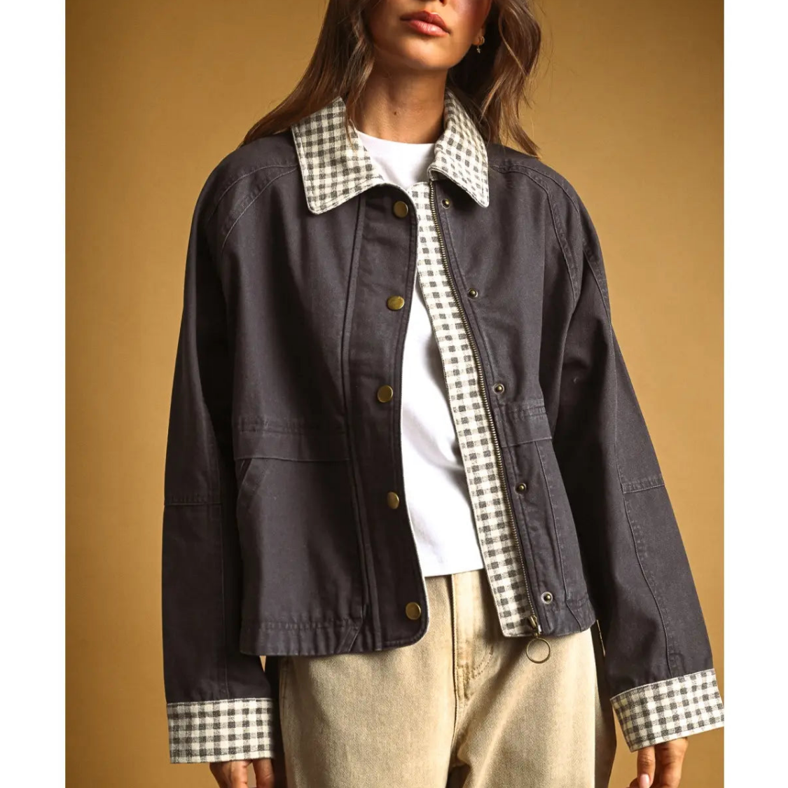 Savannah Gingham Trim Utility Jacket